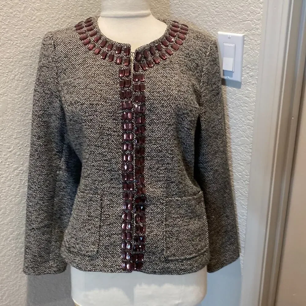 Dana Buchman Beaded Tweed Blazer w/ Metallic Gold Shimmer Thread EUC Sz 14 - Picture 1 of 11